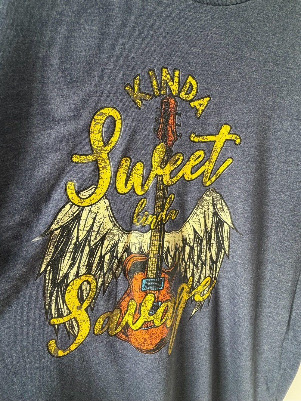 Kinda Sweet Kinda Savage Graphic Tee | Heather Blue | Guitar Wings | Size L - Picture 3 of 5